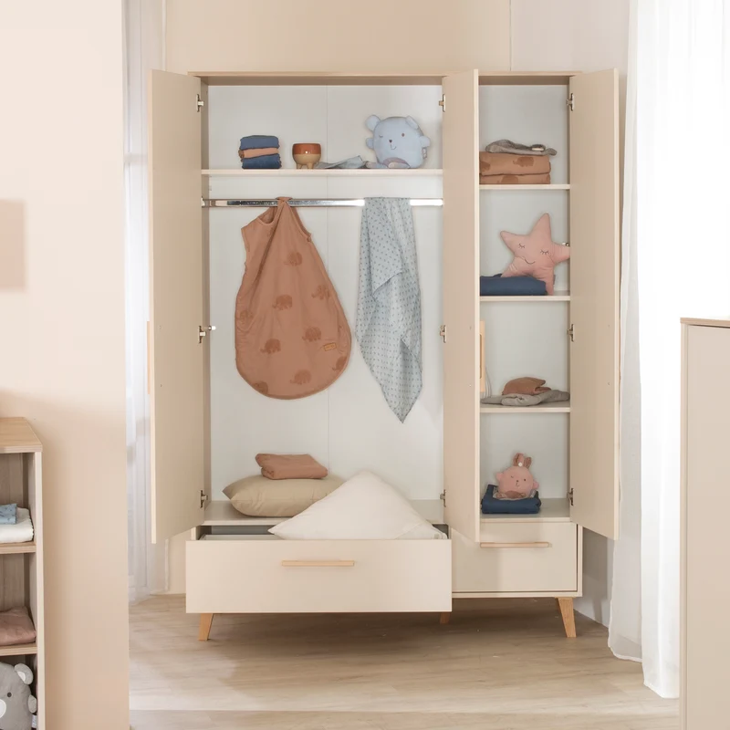 Kleiderschrank 'Jil' 3-türig mit 2 Schubladen - Cashmere / Chestnut
