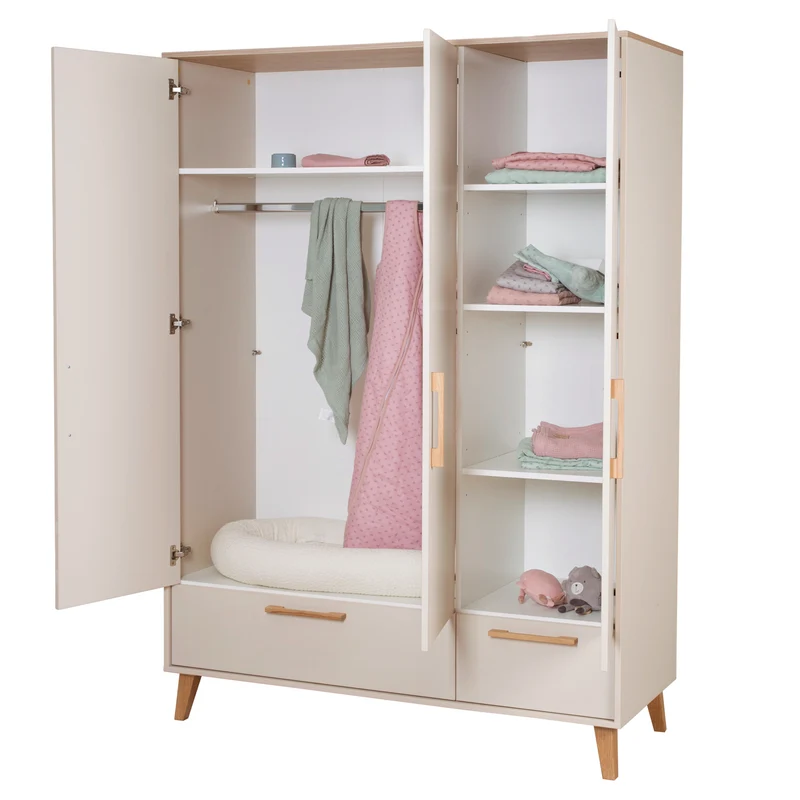 Kleiderschrank 'Jil' 3-türig mit 2 Schubladen - Cashmere / Chestnut