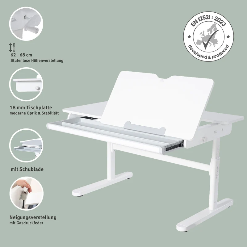 Kinderschreibtisch mit Schublade - Höhenverstellbar - Ergonomisches Design mit Stauraum & rechte Arbeitsfläche neigbar - Weiß