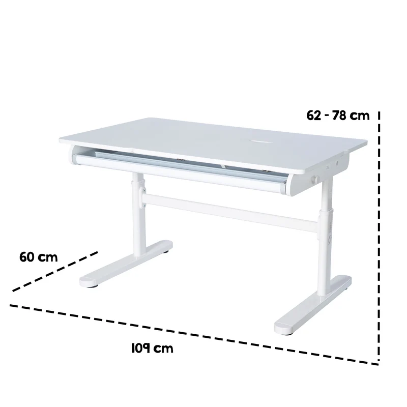 Kinderschreibtisch mit Schublade - Höhenverstellbar - Ergonomisches Design mit Stauraum & rechte Arbeitsfläche neigbar - Weiß