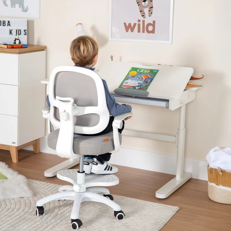 Kinderschreibtisch mit Schublade - Höhenverstellbar - Ergonomisches Design mit Stauraum & rechte Arbeitsfläche neigbar - Weiß