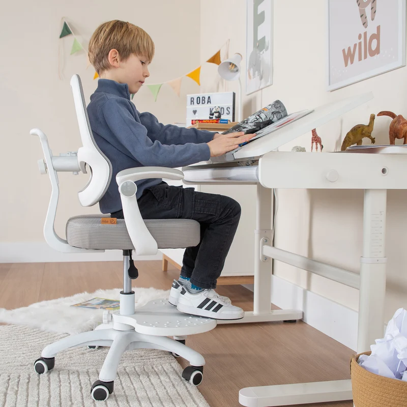 Kinderschreibtisch mit Schublade - Höhenverstellbar - Ergonomisches Design mit Stauraum & rechte Arbeitsfläche neigbar - Weiß