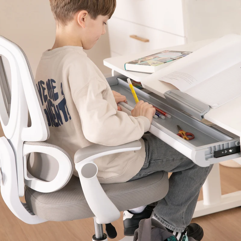 Kinderschreibtisch mit Schublade - Höhenverstellbar - Ergonomisches Design mit Stauraum & rechte Arbeitsfläche neigbar - Weiß