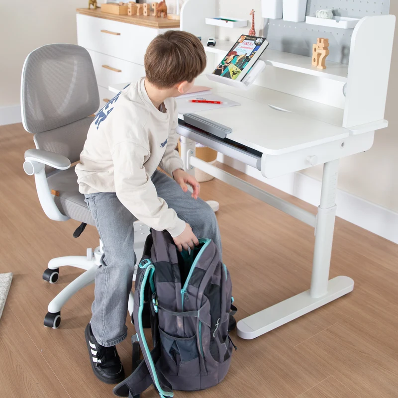 Kinderschreibtisch mit Schublade - Höhenverstellbar - Ergonomisches Design mit Stauraum & rechte Arbeitsfläche neigbar - Weiß