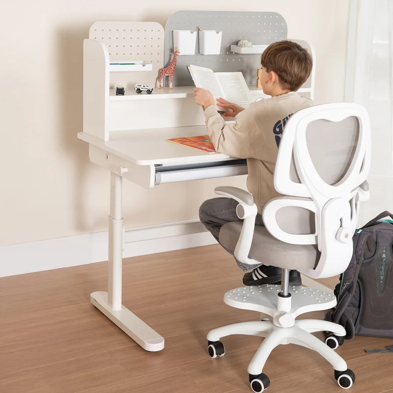 Kinderschreibtisch mit Schublade - Höhenverstellbar - Ergonomisches Design mit Stauraum & rechte Arbeitsfläche neigbar - Weiß