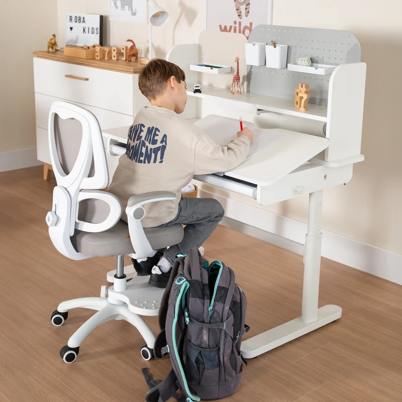 Kinderschreibtisch mit Schublade - Höhenverstellbar - Ergonomisches Design mit Stauraum & rechte Arbeitsfläche neigbar - Weiß