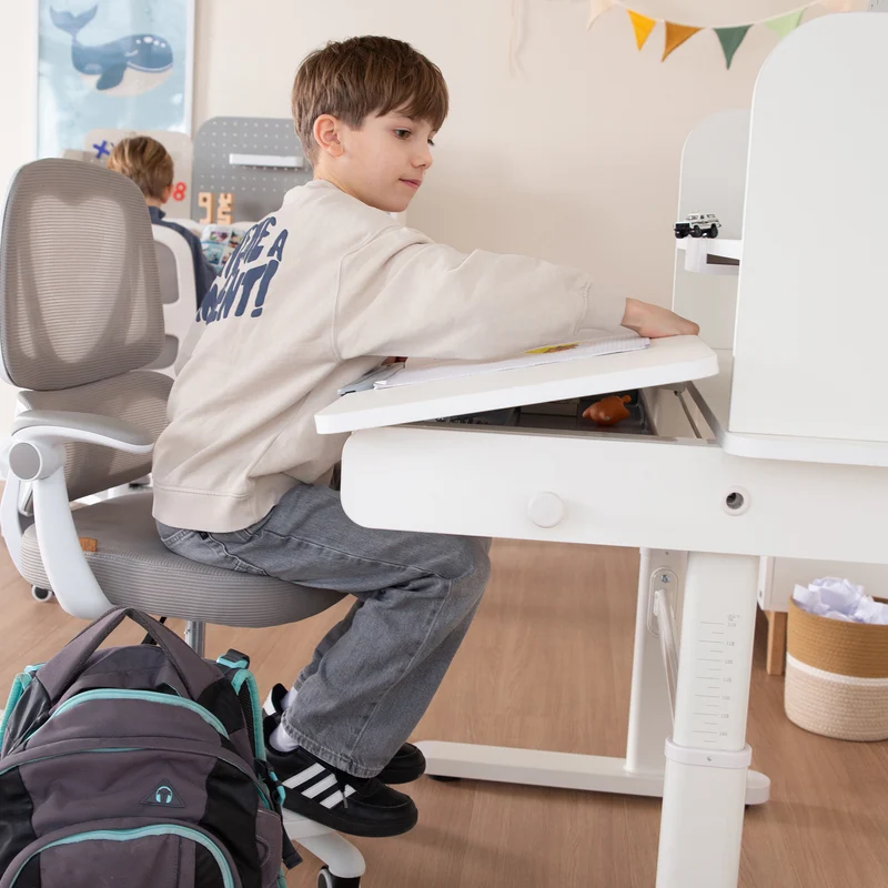 Kinderschreibtisch mit Schublade - Höhenverstellbar - Ergonomisches Design mit Stauraum & rechte Arbeitsfläche neigbar - Weiß