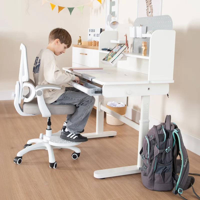 Kinderschreibtisch mit Schublade - Höhenverstellbar - Ergonomisches Design mit Stauraum & rechte Arbeitsfläche neigbar - Weiß