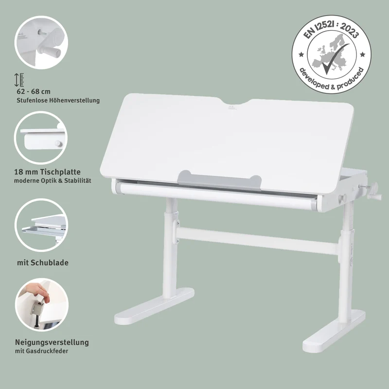Kinderschreibtisch mit Schublade - Höhenverstellbar - Ergonomisches Design mit Stauraum & neigbarer Arbeitsfläche - Weiß