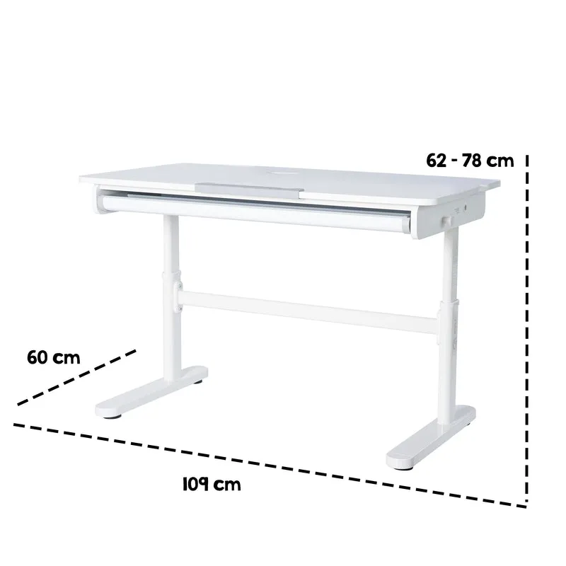 Kinderschreibtisch mit Schublade - Höhenverstellbar - Ergonomisches Design mit Stauraum & neigbarer Arbeitsfläche - Weiß