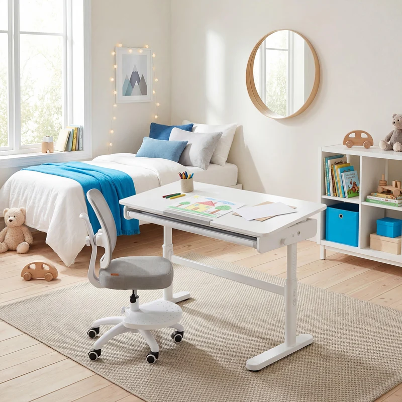 Kinderschreibtisch mit Schublade - Höhenverstellbar - Ergonomisches Design mit Stauraum & neigbarer Arbeitsfläche - Weiß