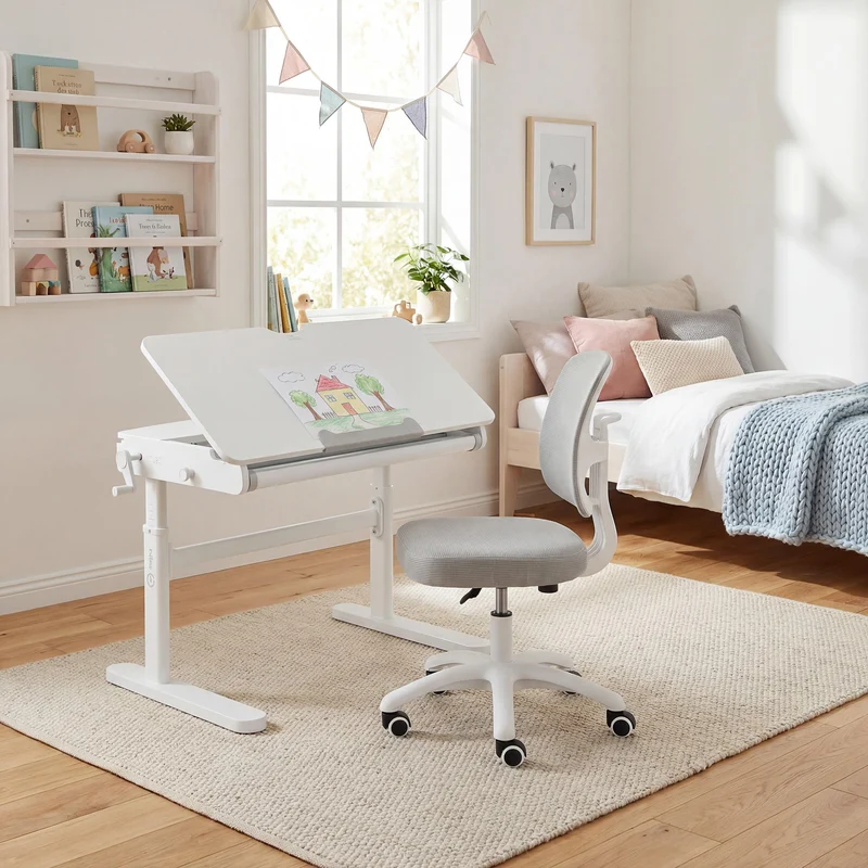 Kinderschreibtisch mit Schublade - Höhenverstellbar - Ergonomisches Design mit Stauraum & neigbarer Arbeitsfläche - Weiß