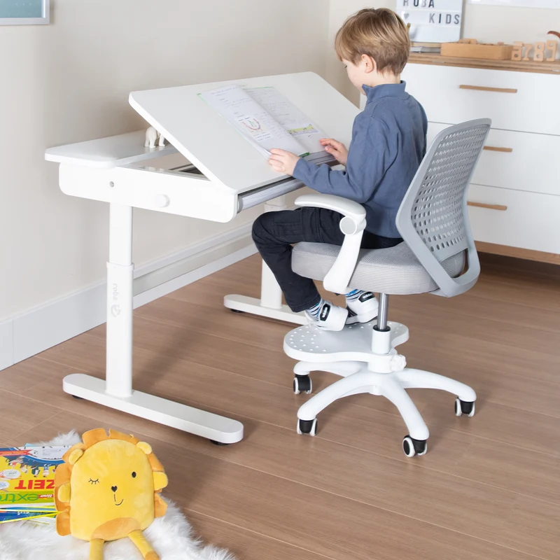 Kinderschreibtisch mit Schublade - Höhenverstellbar - Ergonomisches Design mit Stauraum & neigbarer Arbeitsfläche - Weiß