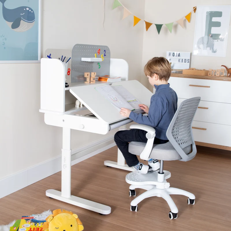 Kinderschreibtisch mit Schublade - Höhenverstellbar - Ergonomisches Design mit Stauraum & neigbarer Arbeitsfläche - Weiß