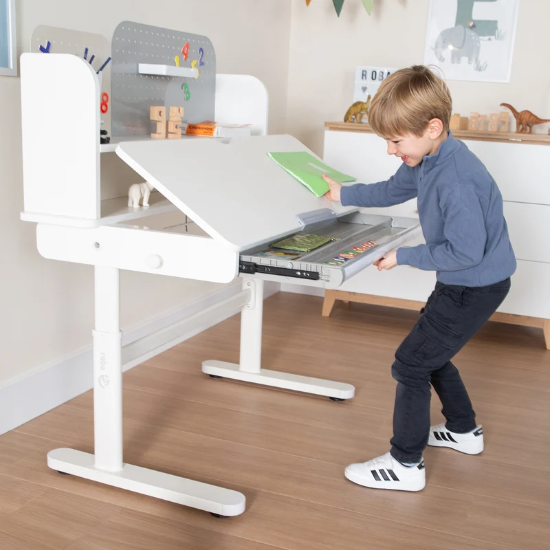 Kinderschreibtisch mit Schublade - Höhenverstellbar - Ergonomisches Design mit Stauraum & neigbarer Arbeitsfläche - Weiß