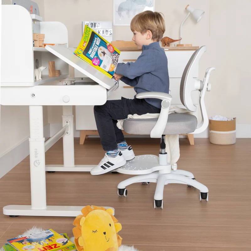 Kinderschreibtisch mit Schublade - Höhenverstellbar - Ergonomisches Design mit Stauraum & neigbarer Arbeitsfläche - Weiß