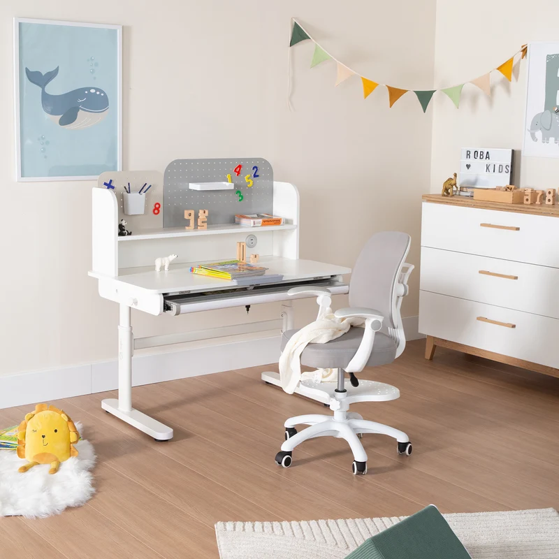 Kinderschreibtisch mit Schublade - Höhenverstellbar - Ergonomisches Design mit Stauraum & neigbarer Arbeitsfläche - Weiß