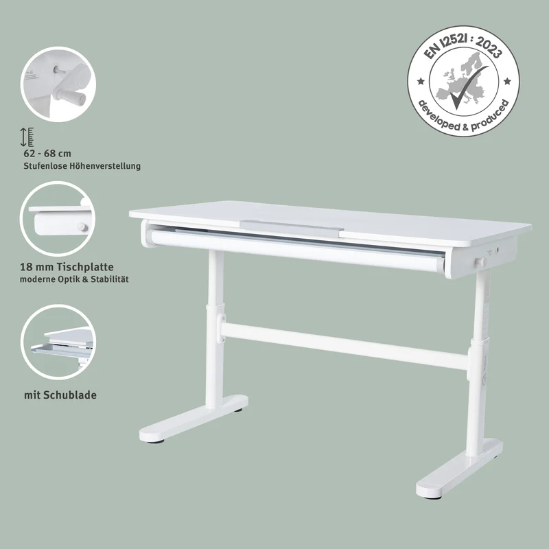 Kinderschreibtisch mit Schublade - Höhenverstellbar - Ergonomisches Design mit Stauraum - Modernes Design - Weiß