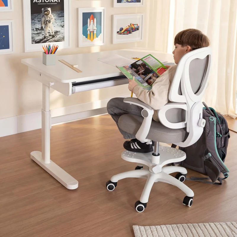 Kinderschreibtisch mit Schublade - Höhenverstellbar - Ergonomisches Design mit Stauraum - Modernes Design - Weiß