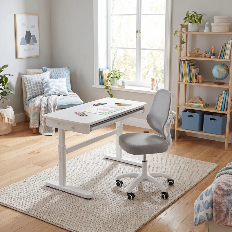 Kinderschreibtisch mit Schublade - Höhenverstellbar - Ergonomisches Design mit Stauraum - Modernes Design - Weiß