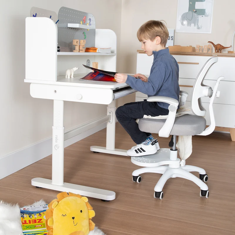 Kinderschreibtisch mit Schublade - Höhenverstellbar - Ergonomisches Design mit Stauraum - Modernes Design - Weiß