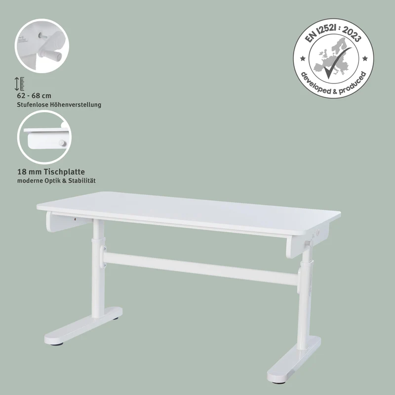 Kinderschreibtisch Basic - Höhenverstellbar - Ergonomisches Design - Ohne Schublade - Weiß