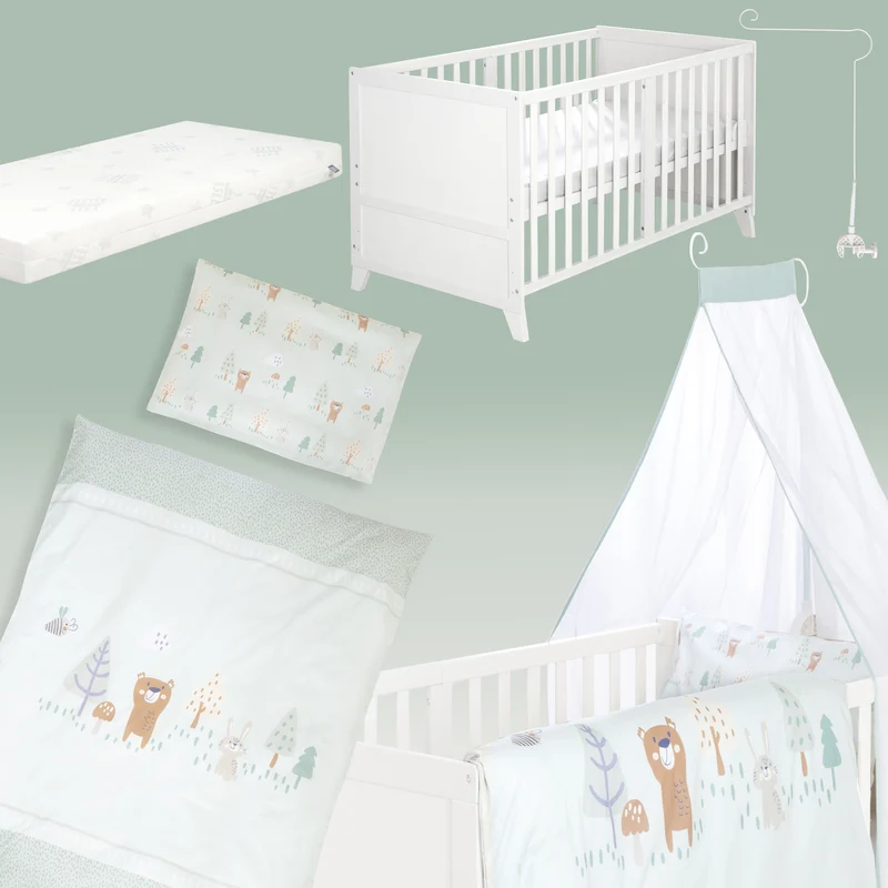 Babybettset 'Woodland Buddies' 70 x 140 inkl. kompletter Ausstattung - Weiß / Pastellgrün