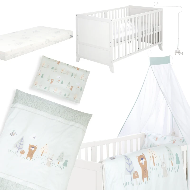 Babybettset 'Woodland Buddies' 70 x 140 inkl. kompletter Ausstattung - Weiß / Pastellgrün