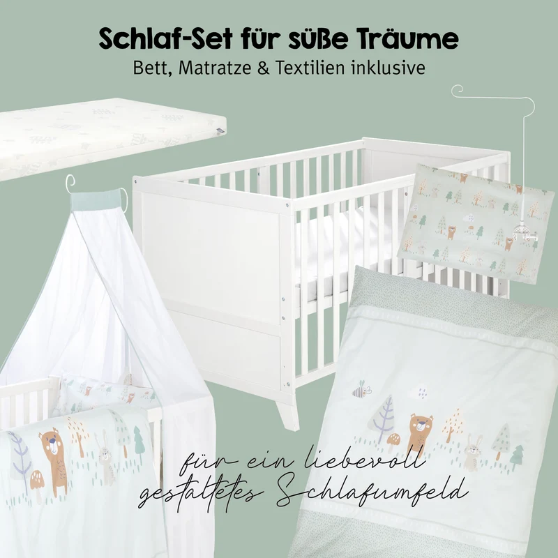 Babybettset 'Woodland Buddies' 70 x 140 inkl. kompletter Ausstattung - Weiß / Pastellgrün