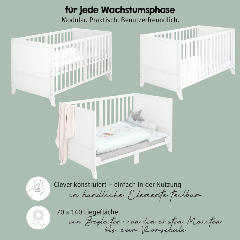 Babybettset 'Woodland Buddies' 70 x 140 inkl. kompletter Ausstattung - Weiß / Pastellgrün