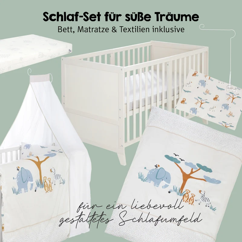 Babybettset 'Savanna Friends' 70 x 140 inkl. kompletter Ausstattung - Naturgrau / Beige