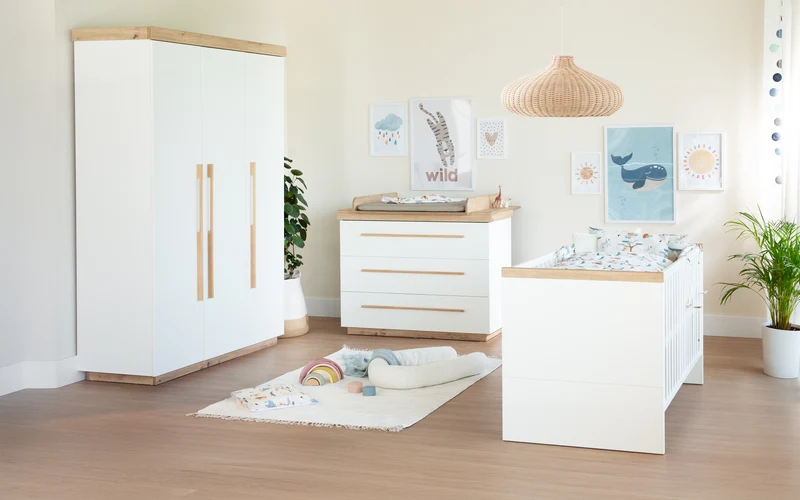 Kinderkleiderschrank 'Lumo - 3-türig - Soft-Close Funktion & Holzgriffen - Weiß / Artisan Eiche