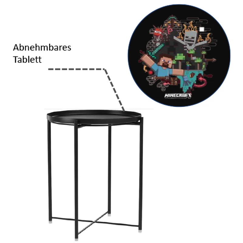 Runder Beistelltisch 'Minecraft' mit abnehmbaren Tablett - Pixeliger Motivdruck - Schwarz