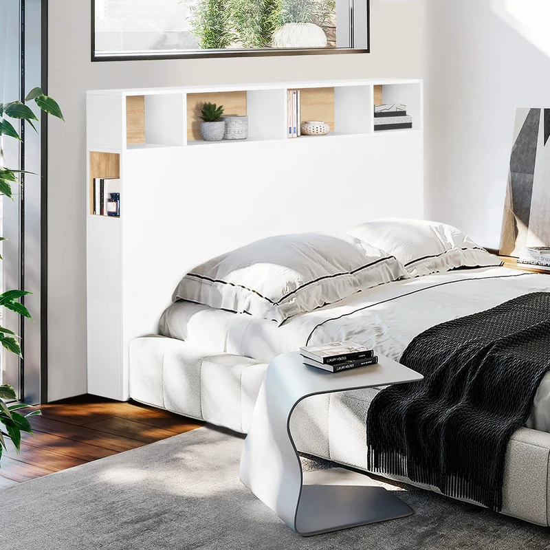 Tête de lit blanche et bois avec rangements 145cm