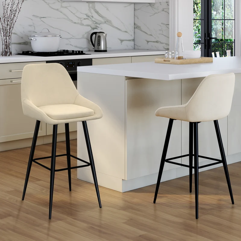 Tabourets de bar Olivia assise velours crème et pieds métal - lot de 2