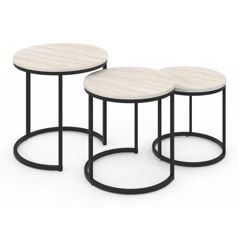Tables basses gigognes Memphis effet travertin et pieds noirs - lot de 3