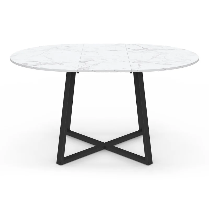 Table repas Sana plateau extensible 110-150cm rond effet marbre et pieds noirs
