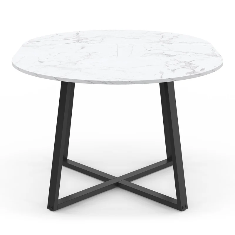 Table repas Sana plateau extensible 110-150cm rond effet marbre et pieds noirs