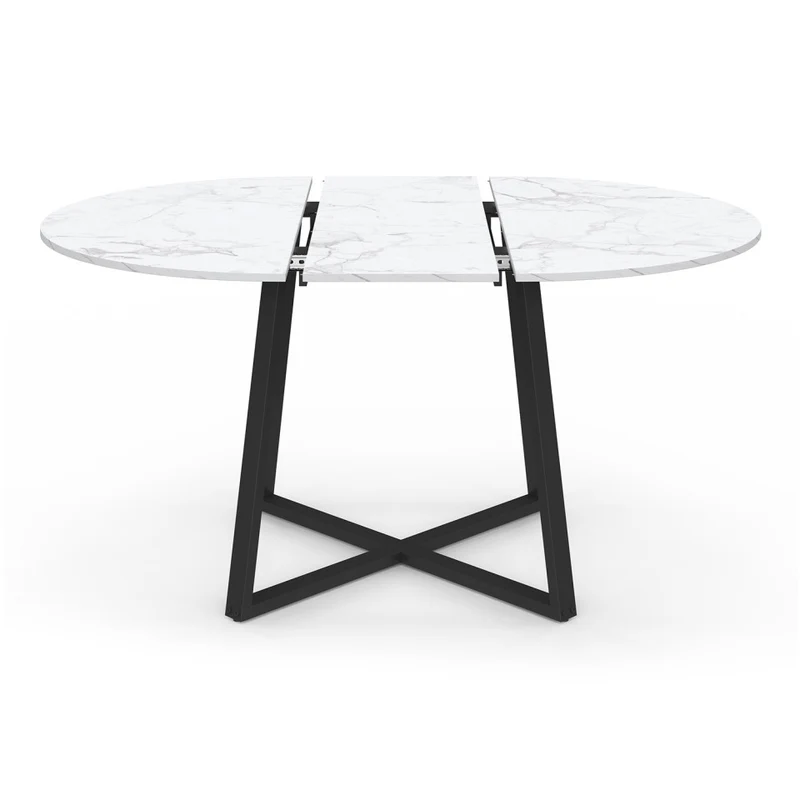 Table repas Sana plateau extensible 110-150cm rond effet marbre et pieds noirs