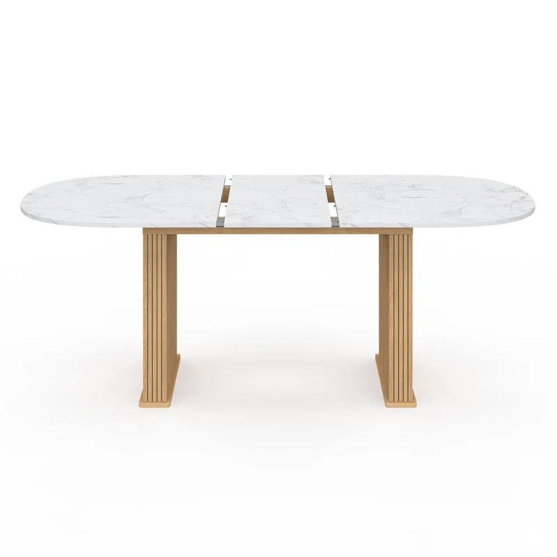 Table repas Marceau plateau extensible 160-200cm arrondi effet marbre et pieds lattes