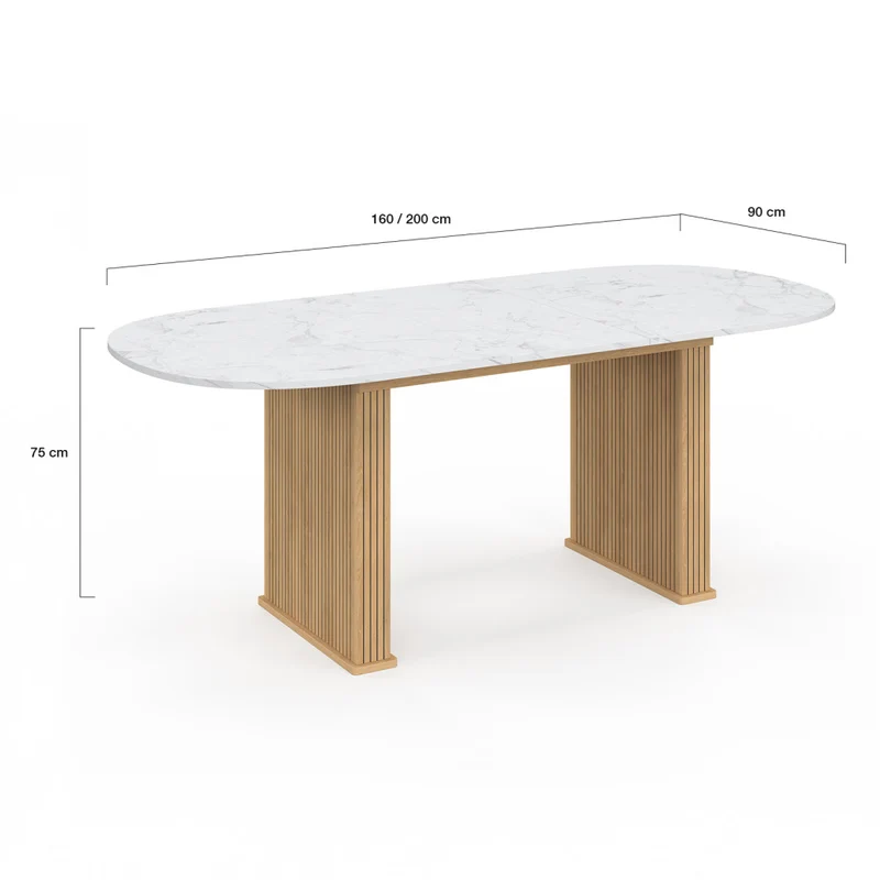 Table repas Marceau plateau extensible 160-200cm arrondi effet marbre et pieds lattes