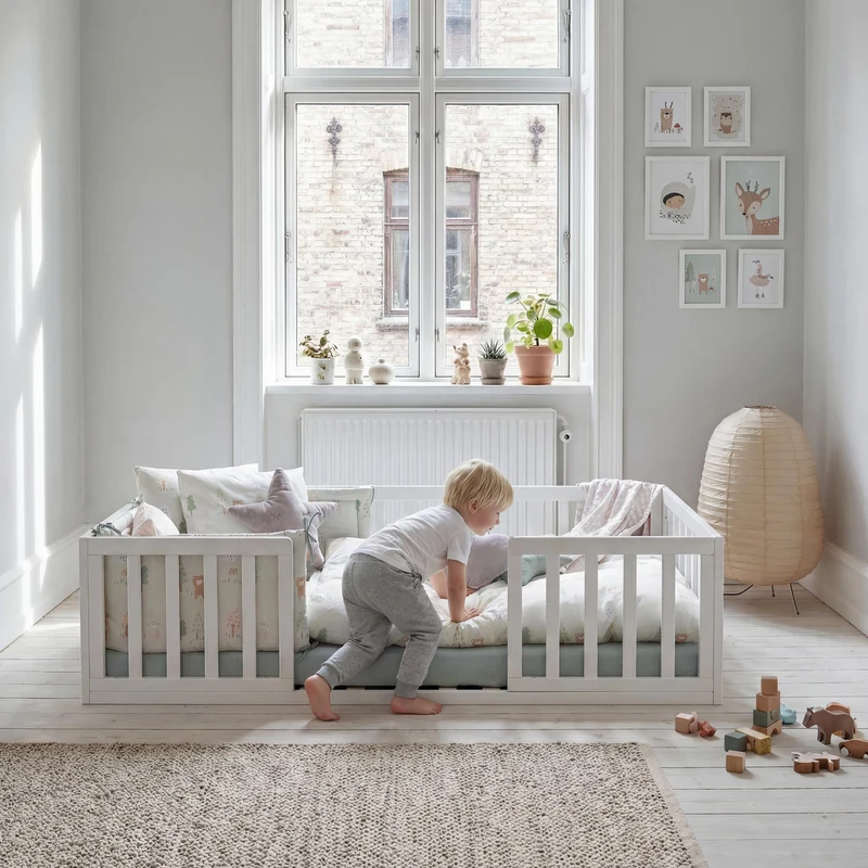 Montessori Bodenbett inkl. Lattenrost & Rausfallschutz - Weiß