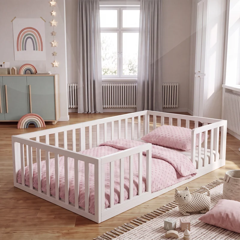 Montessori Bodenbett inkl. Lattenrost & Rausfallschutz - Weiß