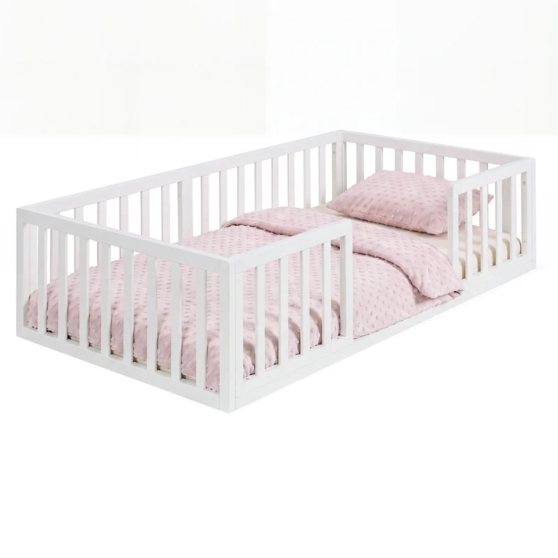 Montessori Bodenbett inkl. Lattenrost & Rausfallschutz - Weiß