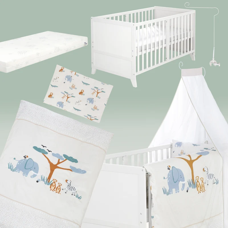 Babybettset 'Savanna Friends' 70 x 140 inkl. kompletter Ausstattung - Weiß / Beige