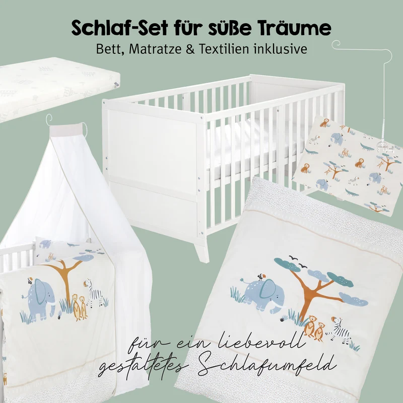 Babybettset 'Savanna Friends' 70 x 140 inkl. kompletter Ausstattung - Weiß / Beige