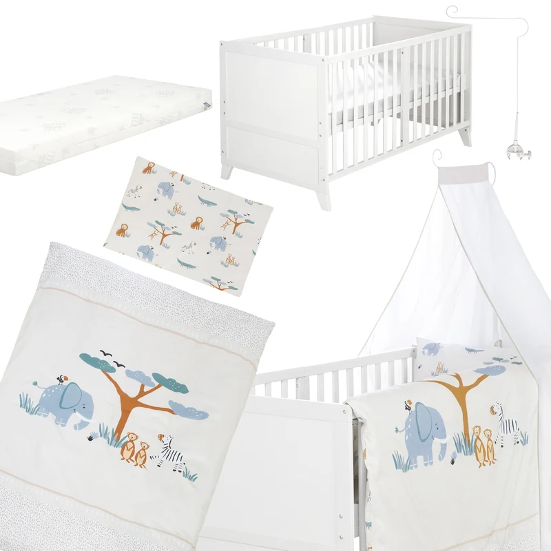 Babybettset 'Savanna Friends' 70 x 140 inkl. kompletter Ausstattung - Weiß / Beige