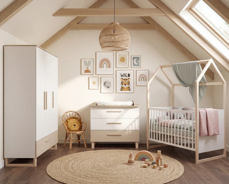 Kinderkleiderschrank 'Noah' 3-türig - Hochwertige Fräsungen - Weiß / Tristan Eiche