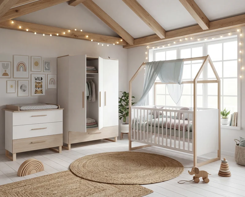 Kinderkleiderschrank 'Noah' 3-türig - Hochwertige Fräsungen - Weiß / Tristan Eiche