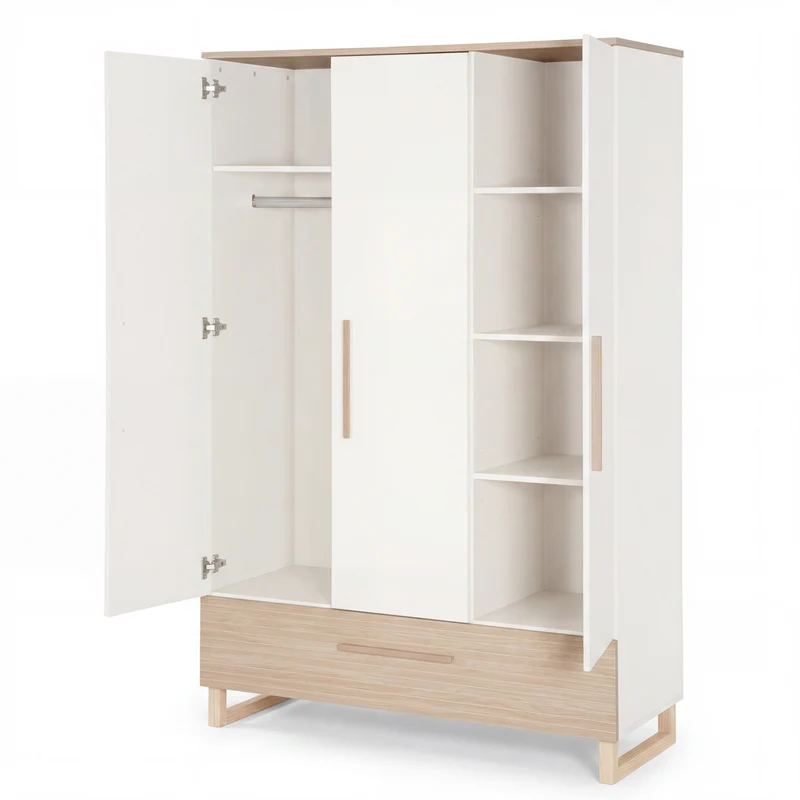 Kinderkleiderschrank 'Noah' 3-türig - Hochwertige Fräsungen - Weiß / Tristan Eiche